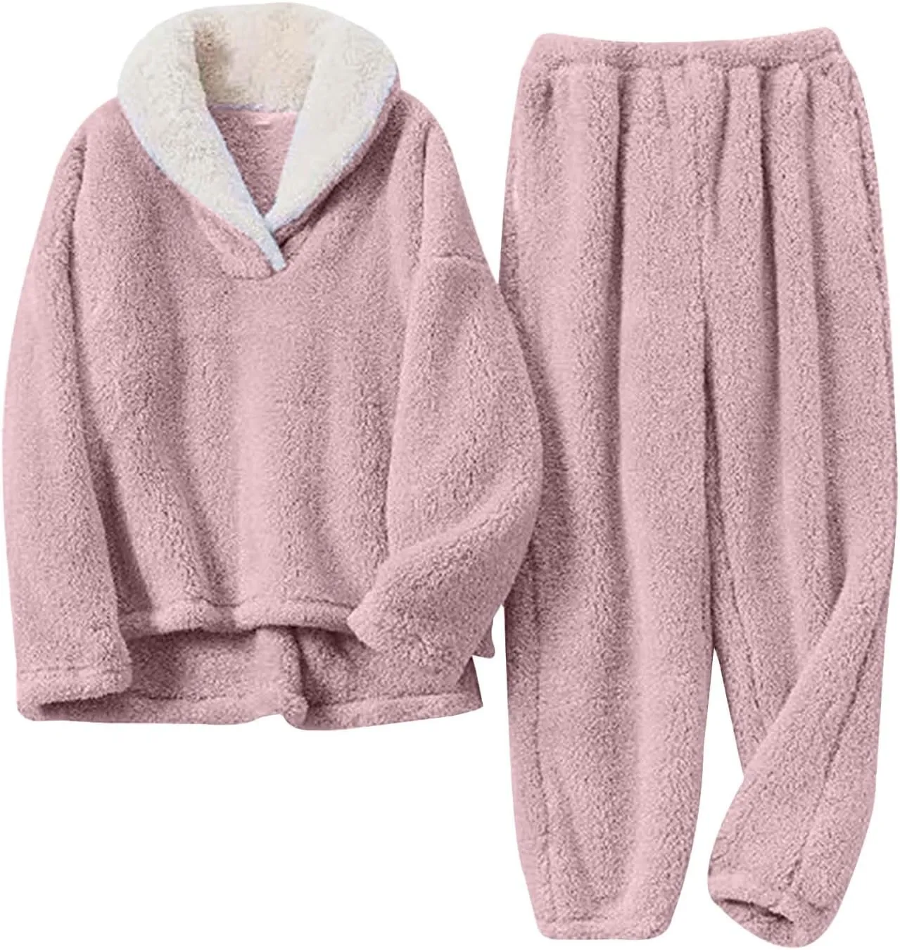Fleece Pajamas Set for Women Soft Comfy Pullover Pants Loose Plush Sleepwear Two Piece Fuzzy Warm Loungewear for
