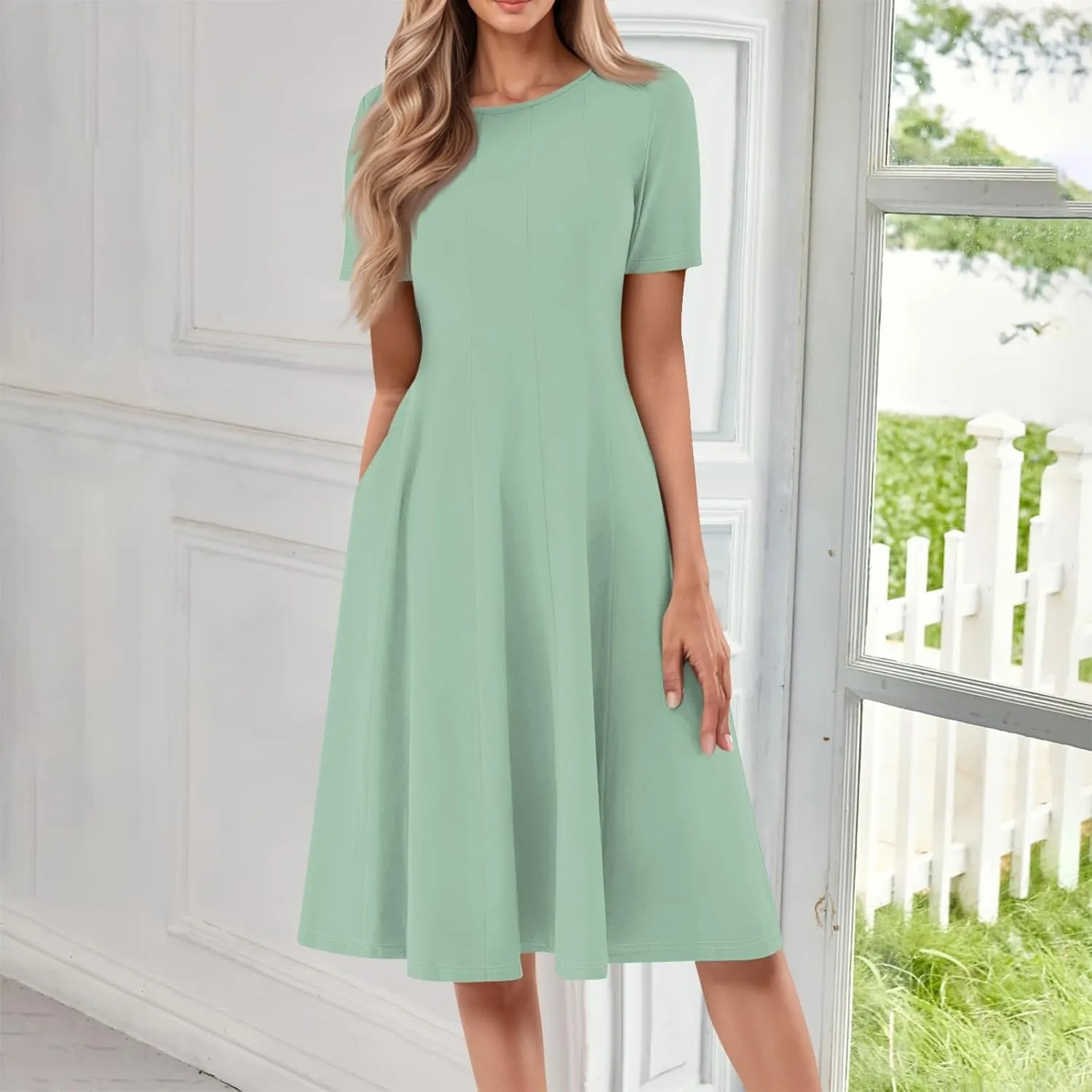 Floral Dress for Women Short Sleeve Summer A Line Dresses Smocked Casual Dresses Crew Neck Midi Dress with Pockets