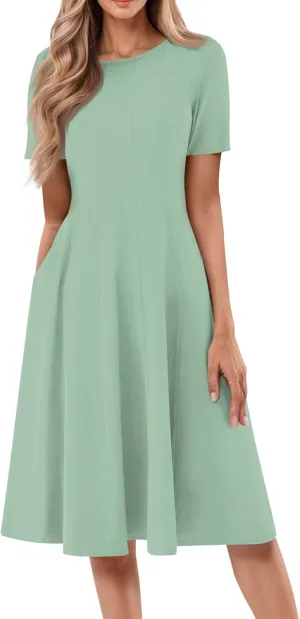Floral Dress for Women Short Sleeve Summer A Line Dresses Smocked Casual Dresses Crew Neck Midi Dress with Pockets