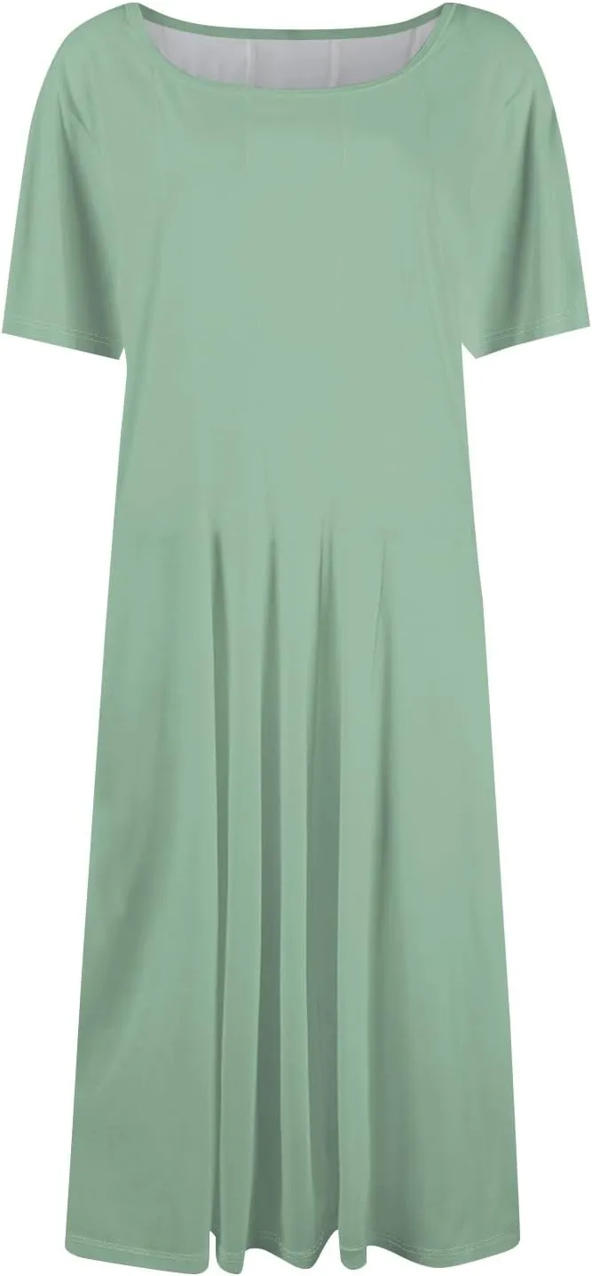 Floral Dress for Women Short Sleeve Summer A Line Dresses Smocked Casual Dresses Crew Neck Midi Dress with Pockets