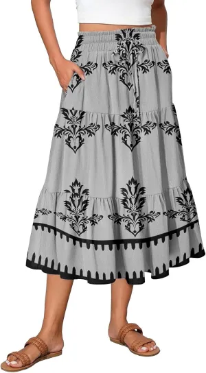 Floral Midi Skirts for Women Summer Tiered Drawstring High Waist Mid Calf Skirts Pleated A-Line Boho Skirt with Pocket