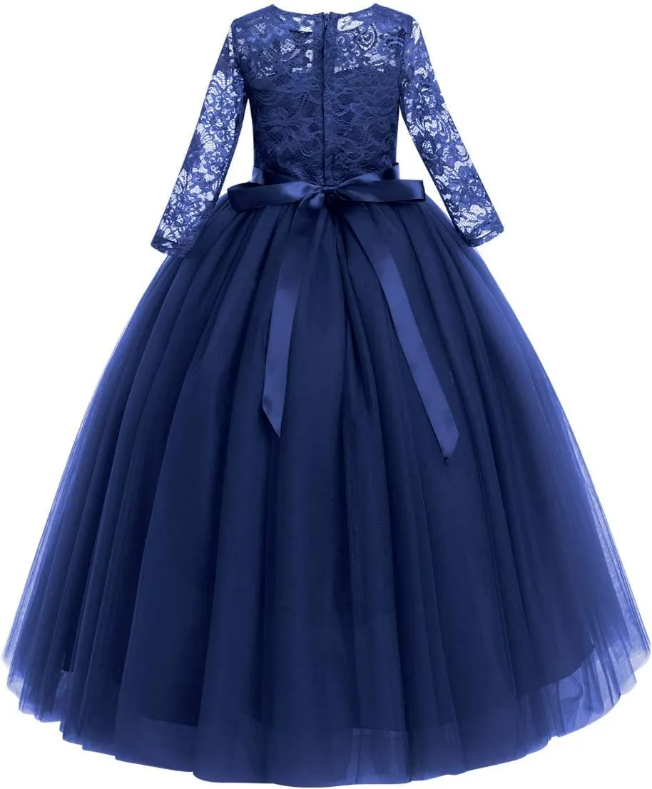 Flower Girls Long Lace Bridesmaid Dress 3/4 Sleeves Floor Length Wedding Party Evening Formal Pegeant Maxi Tulle Ball Gowns