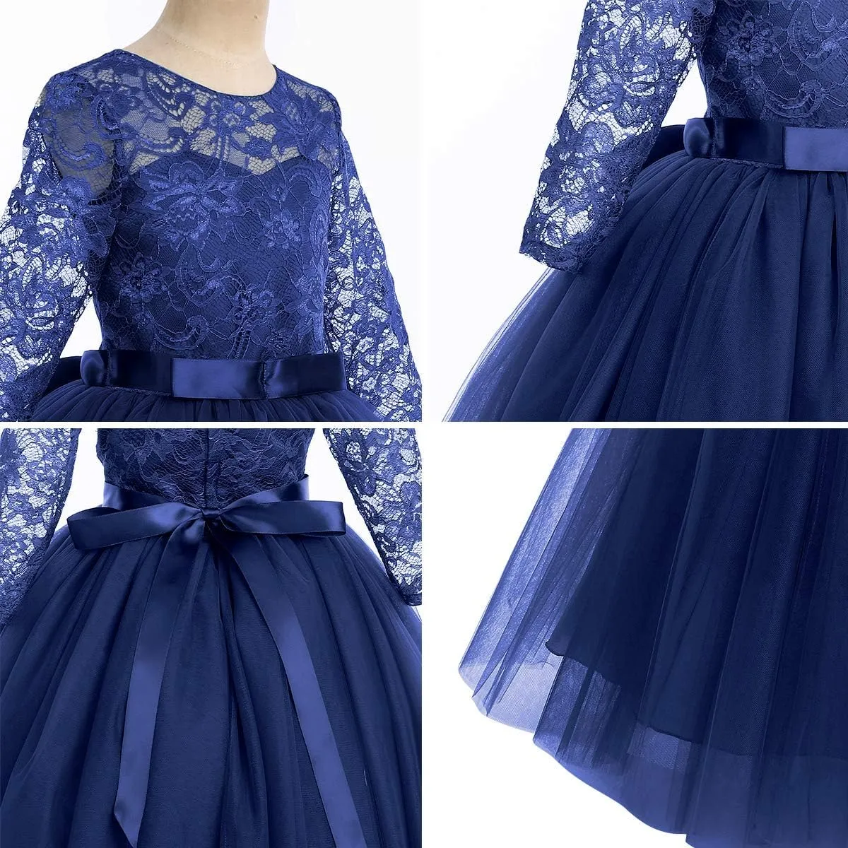 Flower Girls Long Lace Bridesmaid Dress 3/4 Sleeves Floor Length Wedding Party Evening Formal Pegeant Maxi Tulle Ball Gowns