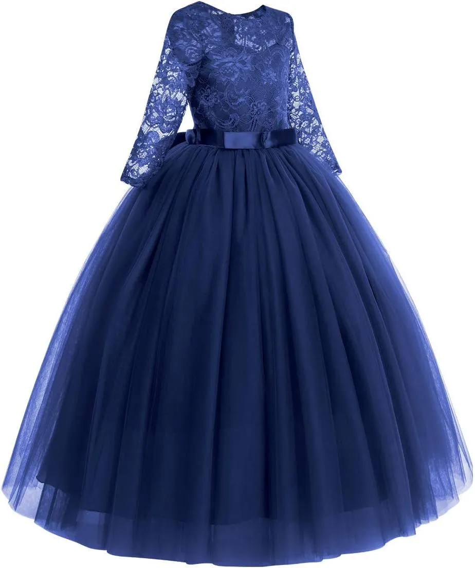 Flower Girls Long Lace Bridesmaid Dress 3/4 Sleeves Floor Length Wedding Party Evening Formal Pegeant Maxi Tulle Ball Gowns