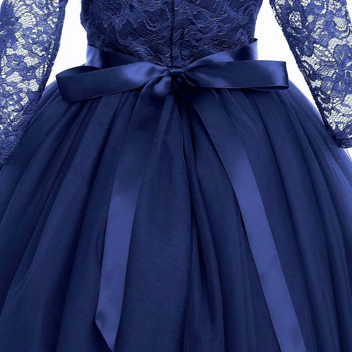 Flower Girls Long Lace Bridesmaid Dress 3/4 Sleeves Floor Length Wedding Party Evening Formal Pegeant Maxi Tulle Ball Gowns