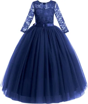 Flower Girls Long Lace Bridesmaid Dress 3/4 Sleeves Floor Length Wedding Party Evening Formal Pegeant Maxi Tulle Ball Gowns