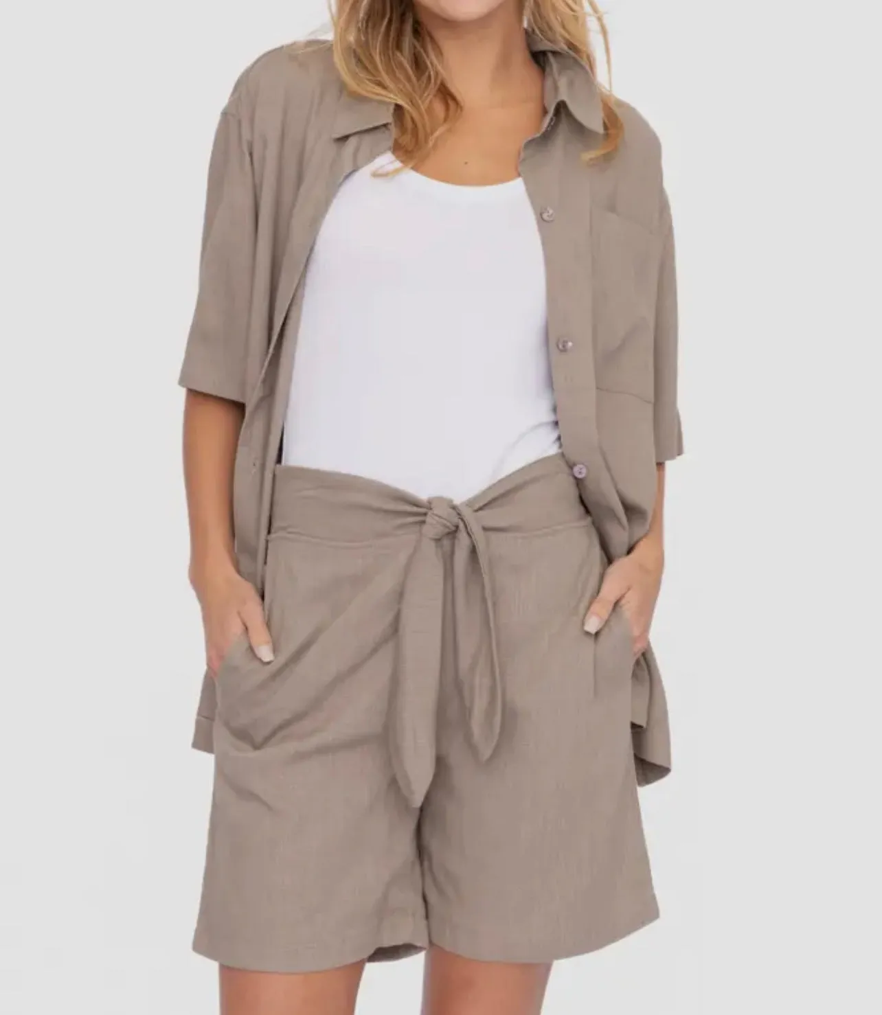 Front Tie Walking Shorts in Warm Grey