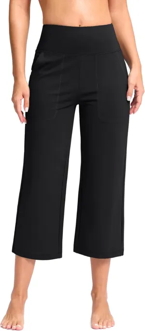 G Gradual Women's Wide Leg Capri Pants with Pockets Tummy Control High Waist Yoga Dress Crop Pants for Women(Black,S)