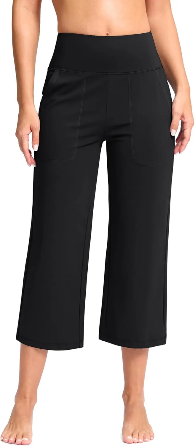 G Gradual Women's Wide Leg Capri Pants with Pockets Tummy Control High Waist Yoga Dress Crop Pants for Women(Black,S)