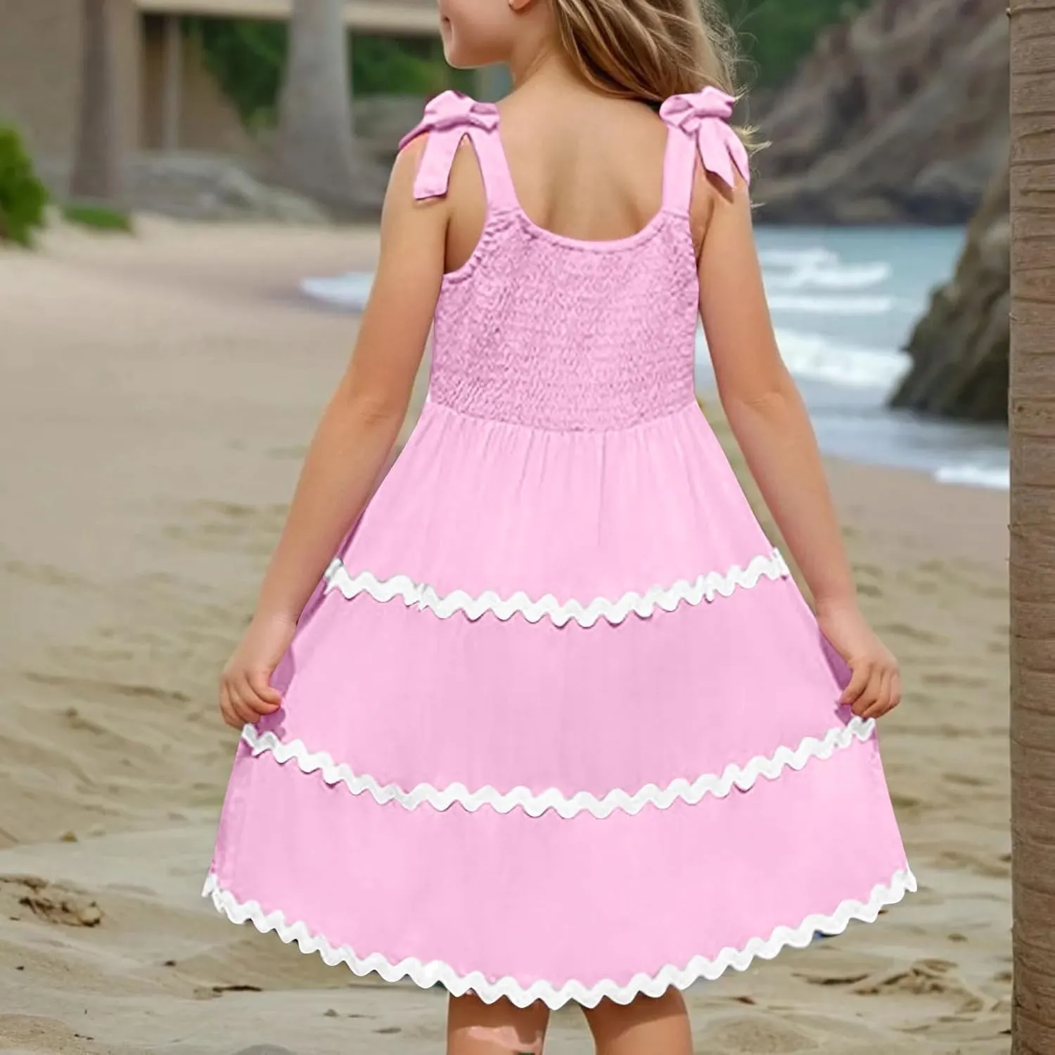 Girls Casual Dress Summer Flutter Sleeve Swing Dresses Kids Smocked Ruffle Mini Skirts Solid Color Tiered Sundress