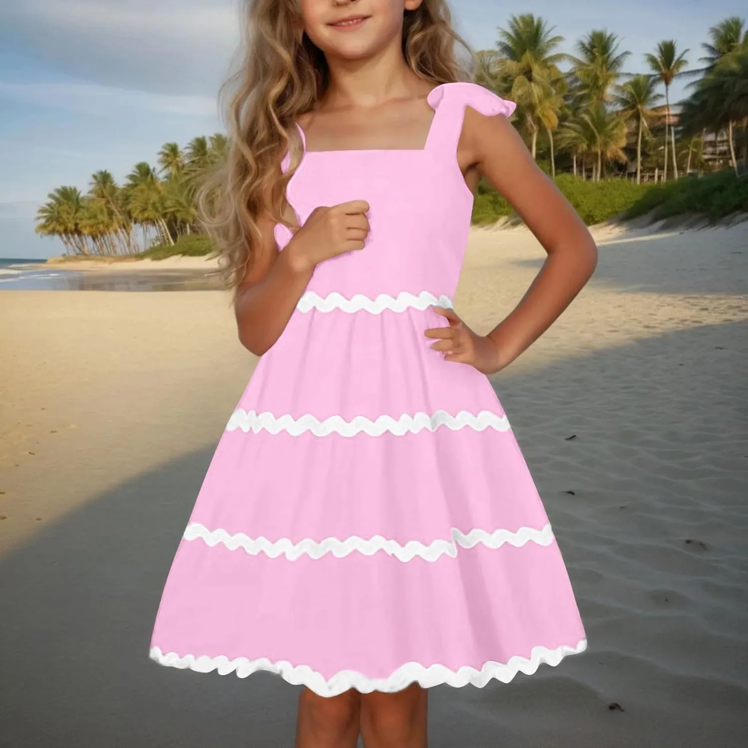 Girls Casual Dress Summer Flutter Sleeve Swing Dresses Kids Smocked Ruffle Mini Skirts Solid Color Tiered Sundress
