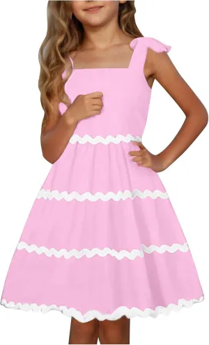 Girls Casual Dress Summer Flutter Sleeve Swing Dresses Kids Smocked Ruffle Mini Skirts Solid Color Tiered Sundress