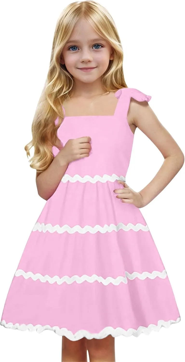 Girls Casual Dress Summer Flutter Sleeve Swing Dresses Kids Smocked Ruffle Mini Skirts Solid Color Tiered Sundress