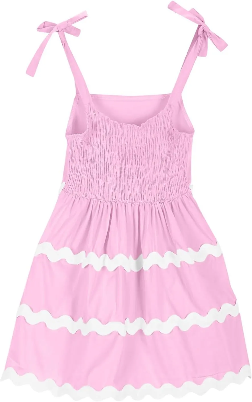 Girls Casual Dress Summer Flutter Sleeve Swing Dresses Kids Smocked Ruffle Mini Skirts Solid Color Tiered Sundress