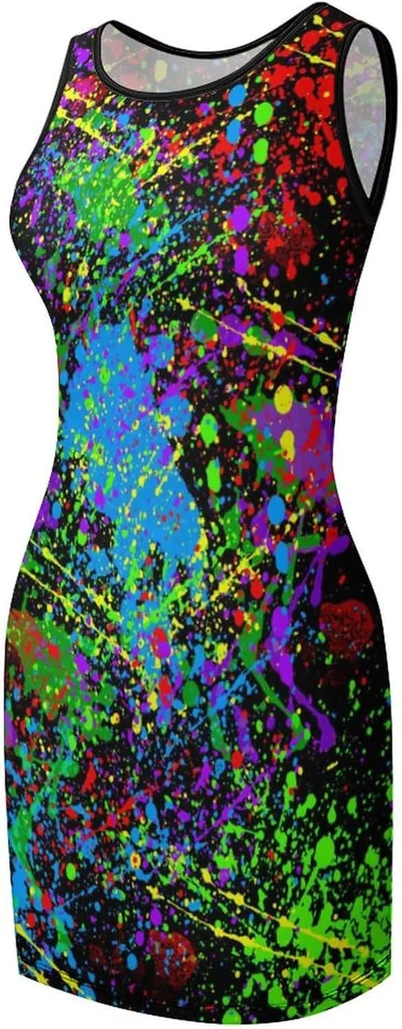 Glow in Dark Splatter Neon Summer Dresses for Women 2024 Beach Sundress Women's Sleeveless Dress
