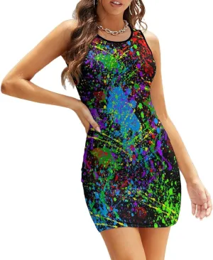 Glow in Dark Splatter Neon Summer Dresses for Women 2024 Beach Sundress Women's Sleeveless Dress