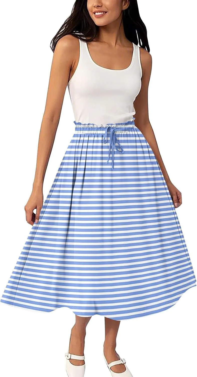 GOFULY Summer Skirts for Women 2025 Midi Length Floral Print A Line Boho Skirts Drawstring Elastic High Waist Smocked Skirt