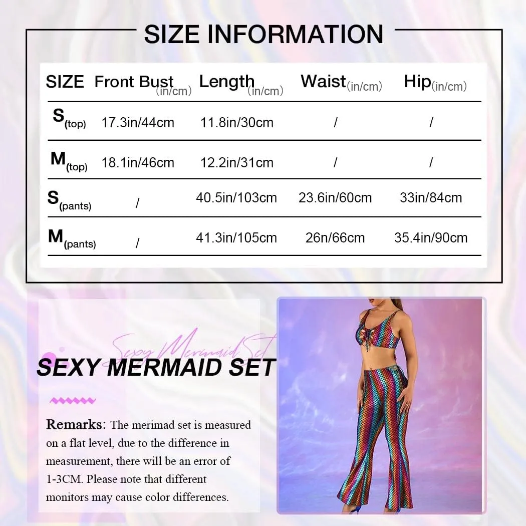 GRAEEN Mermaid Bell Bottoms Set Fish Scale Flared Pants with Top Metallic Leggings High Waist Dance Pants for Women and Girls