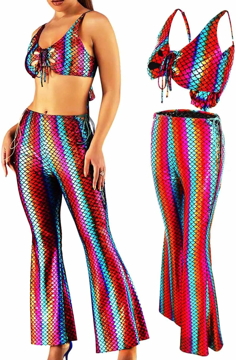 GRAEEN Mermaid Bell Bottoms Set Fish Scale Flared Pants with Top Metallic Leggings High Waist Dance Pants for Women and Girls