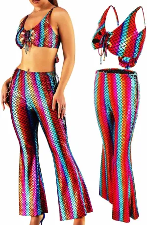 GRAEEN Mermaid Bell Bottoms Set Fish Scale Flared Pants with Top Metallic Leggings High Waist Dance Pants for Women and Girls