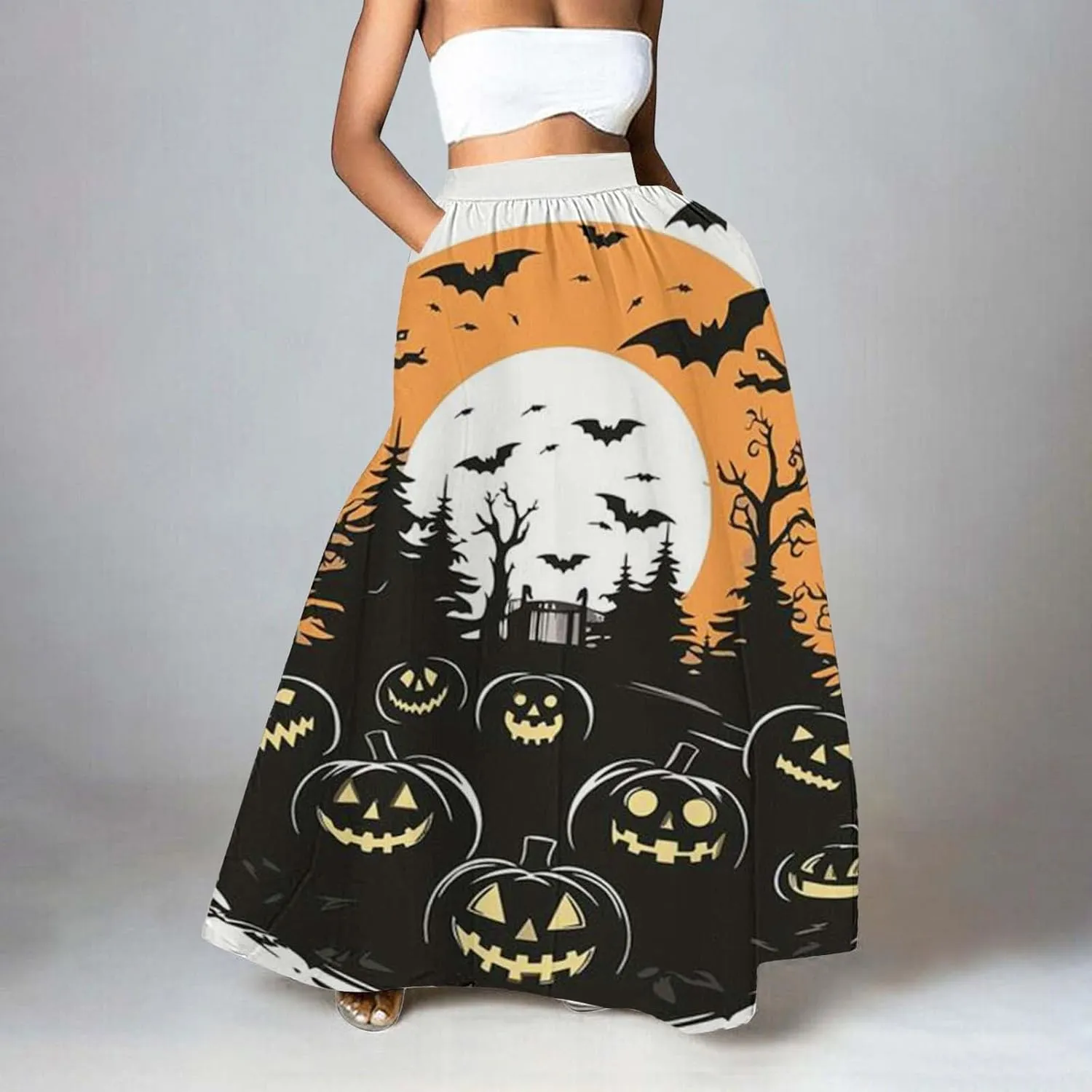 Halloween Skirt for Women High Waist Party Beach Pocket Long Maxi Skirt Women's Tutu Skirt Halloween Skirts