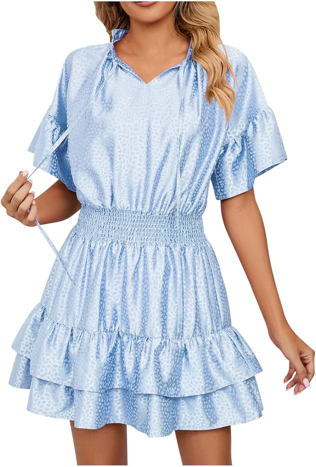 HGps8w Women Cute Summer Satin Dresses Lace-up V Neck Short Sleeve High Waist Ruffle Tiered A Line Swing Tunic Mini Dress