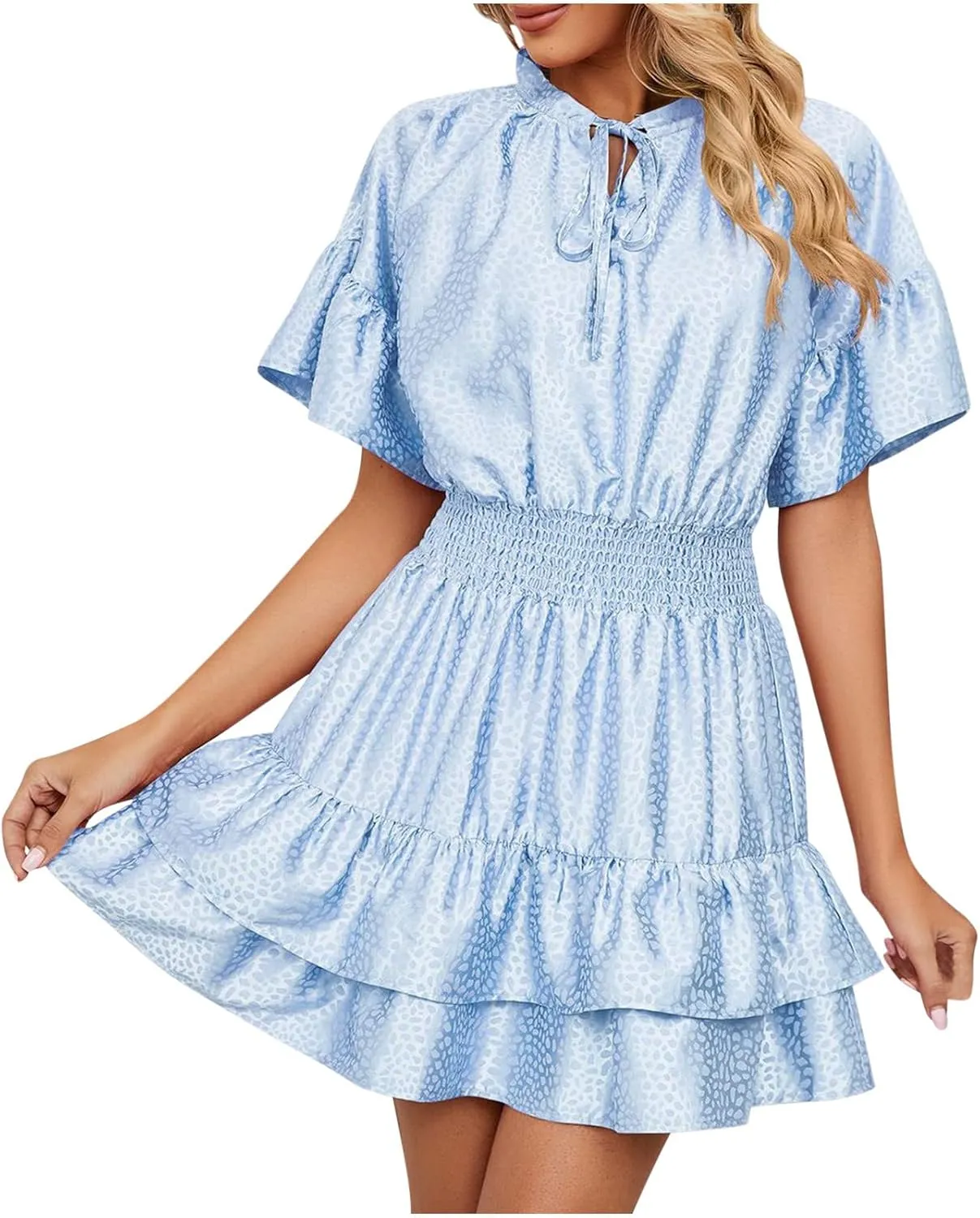 HGps8w Women Cute Summer Satin Dresses Lace-up V Neck Short Sleeve High Waist Ruffle Tiered A Line Swing Tunic Mini Dress