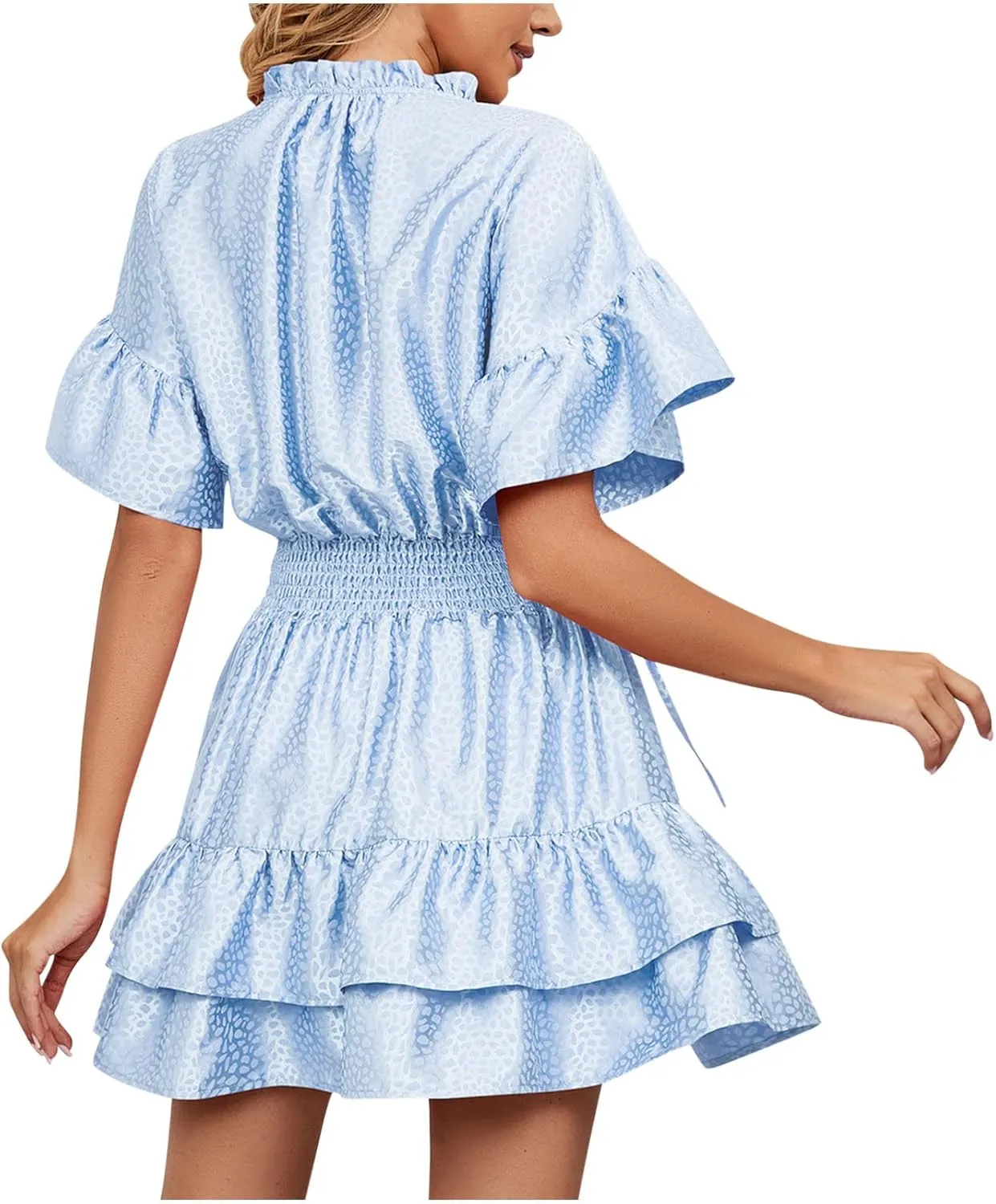 HGps8w Women Cute Summer Satin Dresses Lace-up V Neck Short Sleeve High Waist Ruffle Tiered A Line Swing Tunic Mini Dress