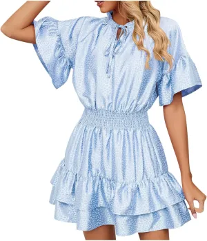 HGps8w Women Cute Summer Satin Dresses Lace-up V Neck Short Sleeve High Waist Ruffle Tiered A Line Swing Tunic Mini Dress