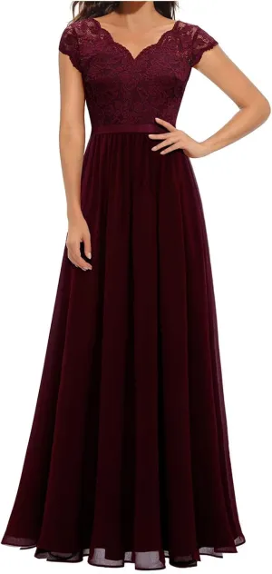 HGps8w Womens Lace Tulle A Line Evening Formal Dress - Elegant V Neck Maxi Long Bridesmaid Dresses Party Prom Gown