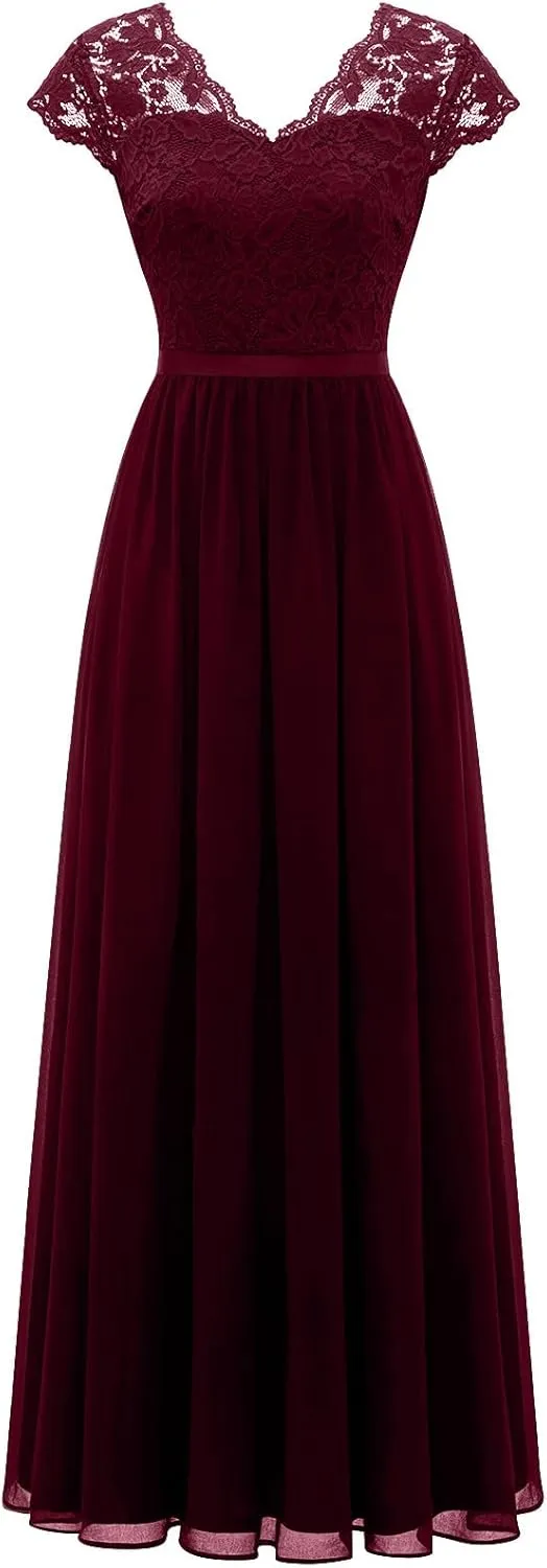 HGps8w Womens Lace Tulle A Line Evening Formal Dress - Elegant V Neck Maxi Long Bridesmaid Dresses Party Prom Gown