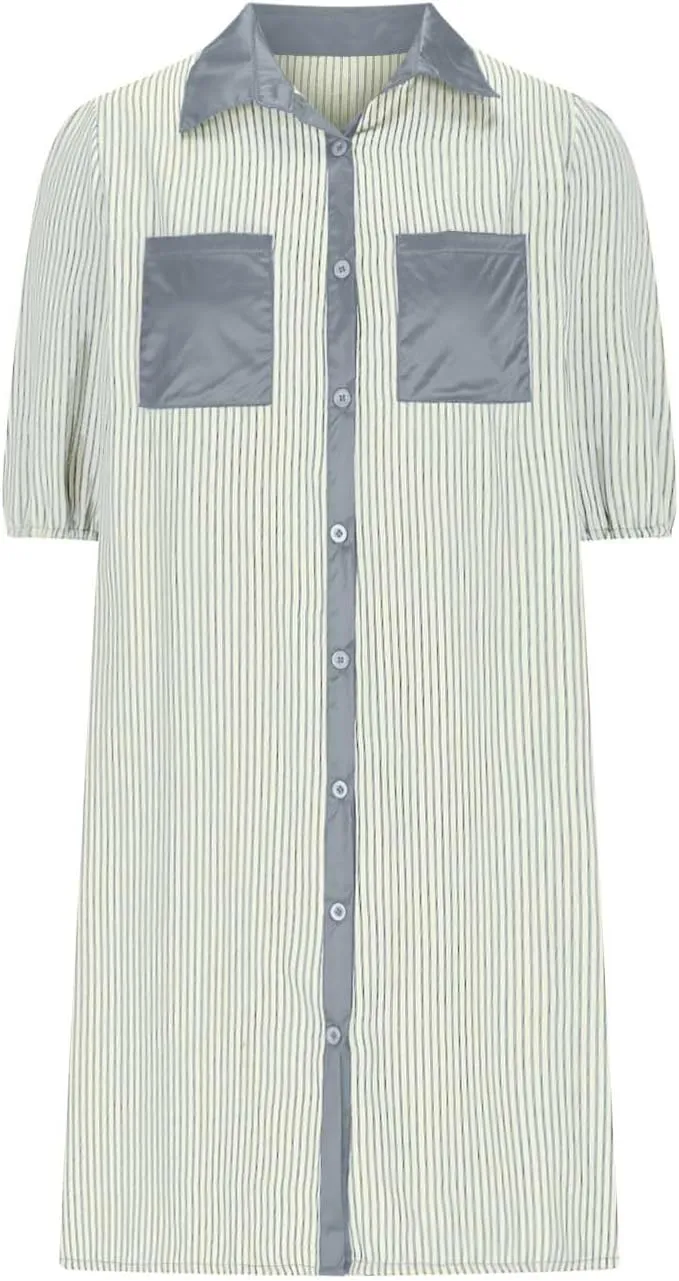 hlysgo Women Mini Dress 2025 Summer Casual Short Sleeve Button Down Tunic Dresses Trendy Striped Shirt Dress with Pockets