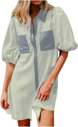 hlysgo Women Mini Dress 2025 Summer Casual Short Sleeve Button Down Tunic Dresses Trendy Striped Shirt Dress with Pockets