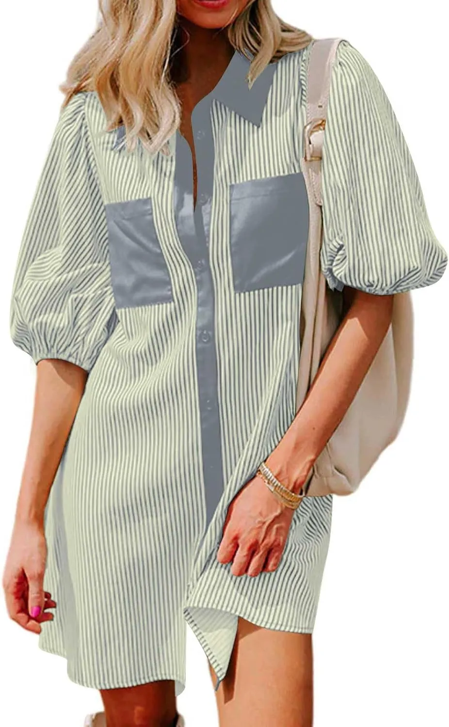 hlysgo Women Mini Dress 2025 Summer Casual Short Sleeve Button Down Tunic Dresses Trendy Striped Shirt Dress with Pockets