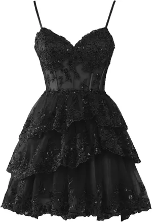 Homecoming Dresses for Teens 2024 Sparkly Tulle Lace Applique Tiered A-line Formal Short Mini Prom Dress