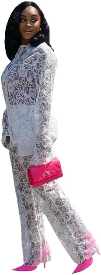 Hotheart Womens Sexy 2 Pieces Lace Crochet See Through Long Sleeve Button Shirt Pants Set Casual Tracksuit Outfit Set