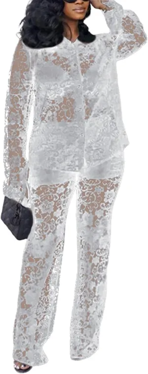 Hotheart Womens Sexy 2 Pieces Lace Crochet See Through Long Sleeve Button Shirt Pants Set Casual Tracksuit Outfit Set