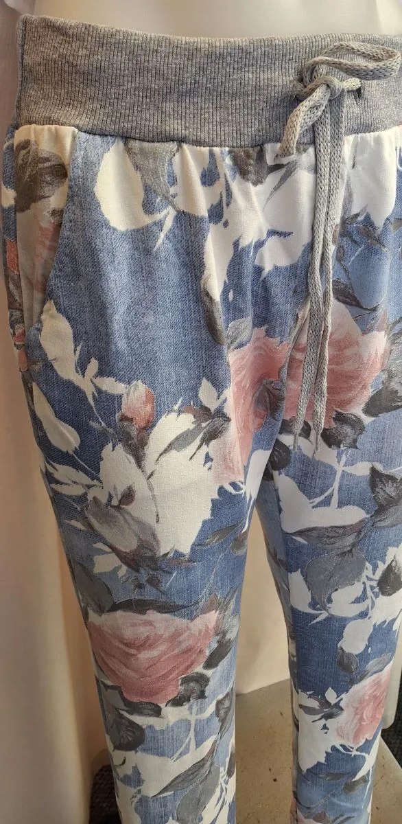 Italian Stretch Pants - Lt. Denim with Pink and White Flowers