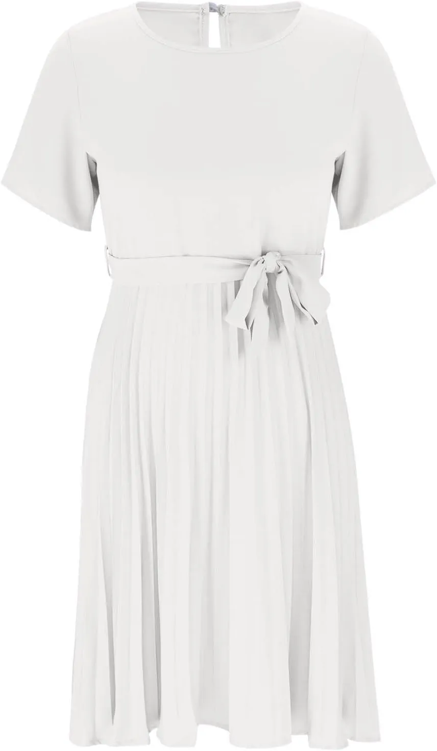 JOAU 2025 Women's Short Sleeve Summer Dress Casual Pleated Loose Crew Neck Keyhole Back A-Line Swing Midi Dresses with Belt