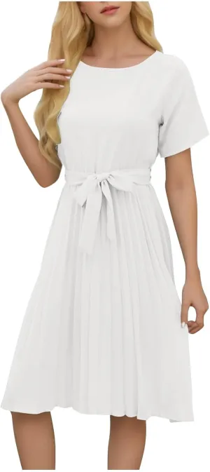 JOAU 2025 Women's Short Sleeve Summer Dress Casual Pleated Loose Crew Neck Keyhole Back A-Line Swing Midi Dresses with Belt