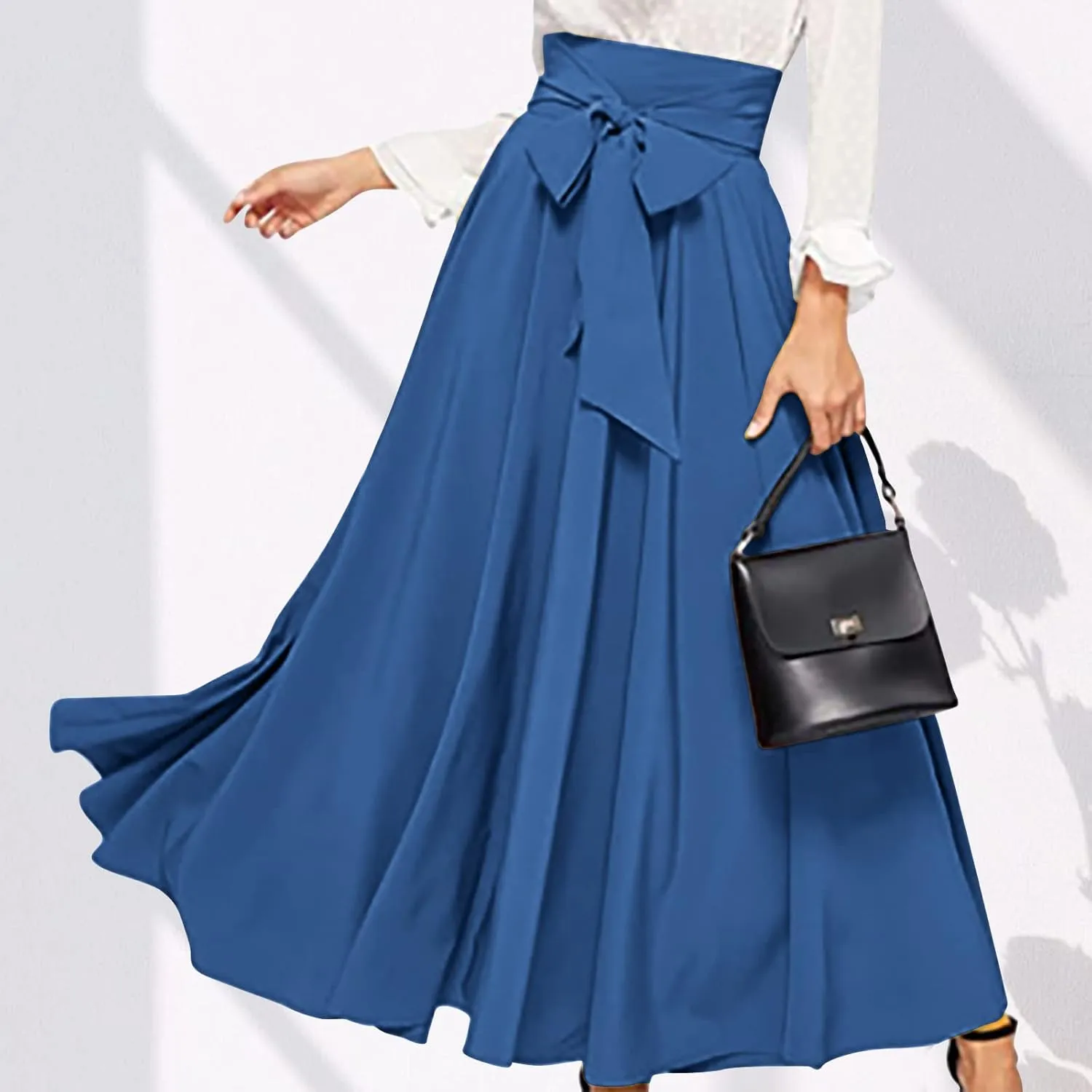 JOAU Women Casual Maxi Skirts Self Bowknot Front Elastic High Waisted Flowy Swing A-Line Lightweight Pleated Long Skirt