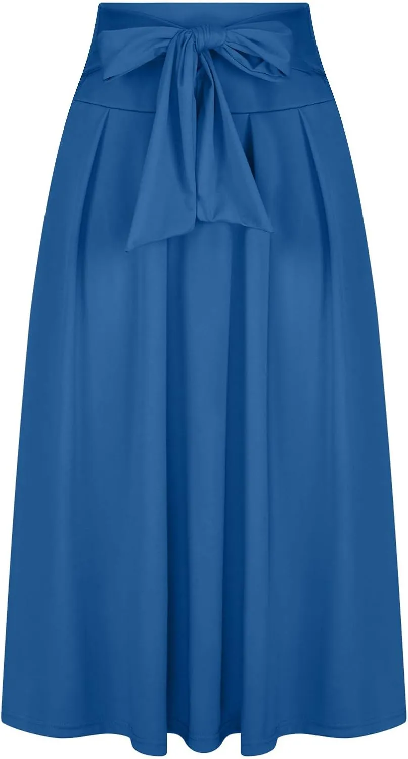 JOAU Women Casual Maxi Skirts Self Bowknot Front Elastic High Waisted Flowy Swing A-Line Lightweight Pleated Long Skirt