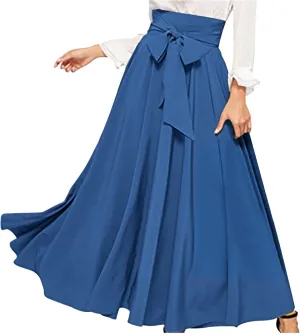 JOAU Women Casual Maxi Skirts Self Bowknot Front Elastic High Waisted Flowy Swing A-Line Lightweight Pleated Long Skirt
