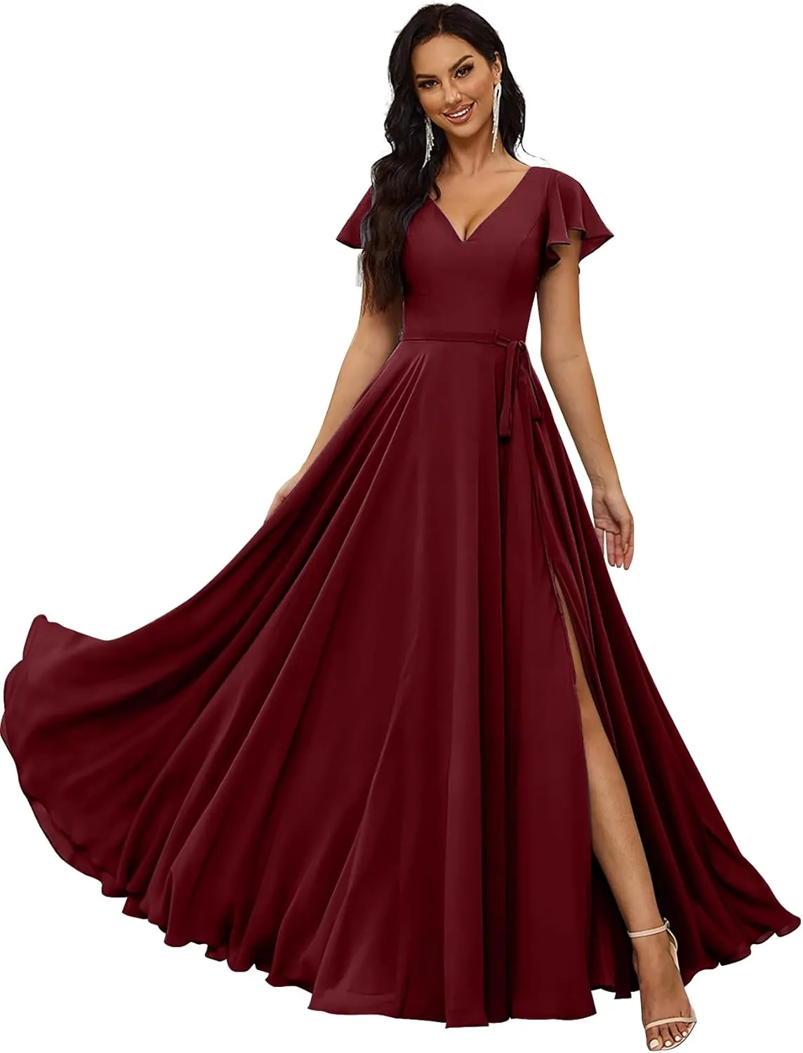 KDTM Flutter Sleeve Chiffon Bridesmaid Dresses for Women Long V Neck Formal Evening Gowns with Slit