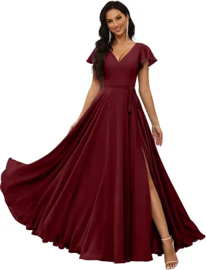 KDTM Flutter Sleeve Chiffon Bridesmaid Dresses for Women Long V Neck Formal Evening Gowns with Slit