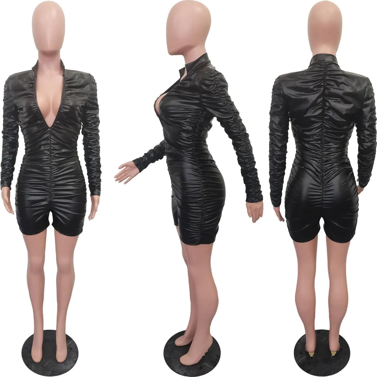 KELYWELL Womens Sexy Long Sleeve Deep V Neck PU Leather Jumpsuit Ruched Ruffles Bodycon Shorts Party Clubwear Rompers