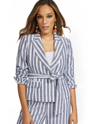 Linen-Blend Nautical Stripe Tie-Waist Jacket