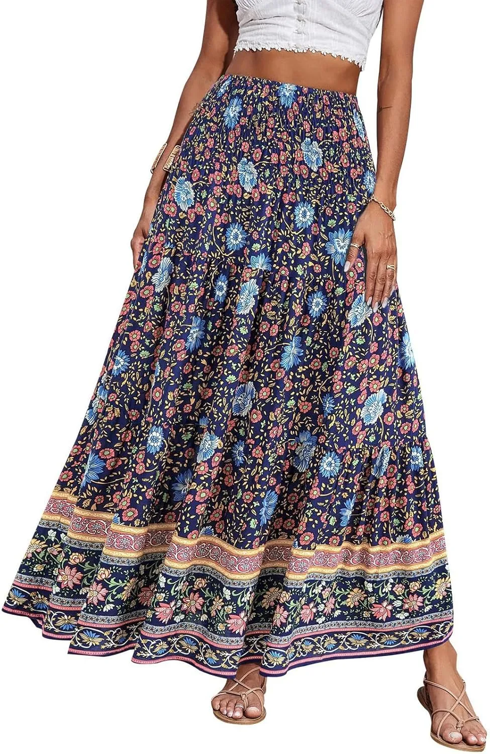 Long Flowy Skirts for Women Floral Boho Maxi Skirt Smocked Elastic High Waisted Skirts Swing A Line Tiered Skirt