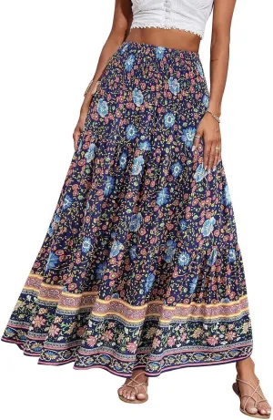 Long Flowy Skirts for Women Floral Boho Maxi Skirt Smocked Elastic High Waisted Skirts Swing A Line Tiered Skirt