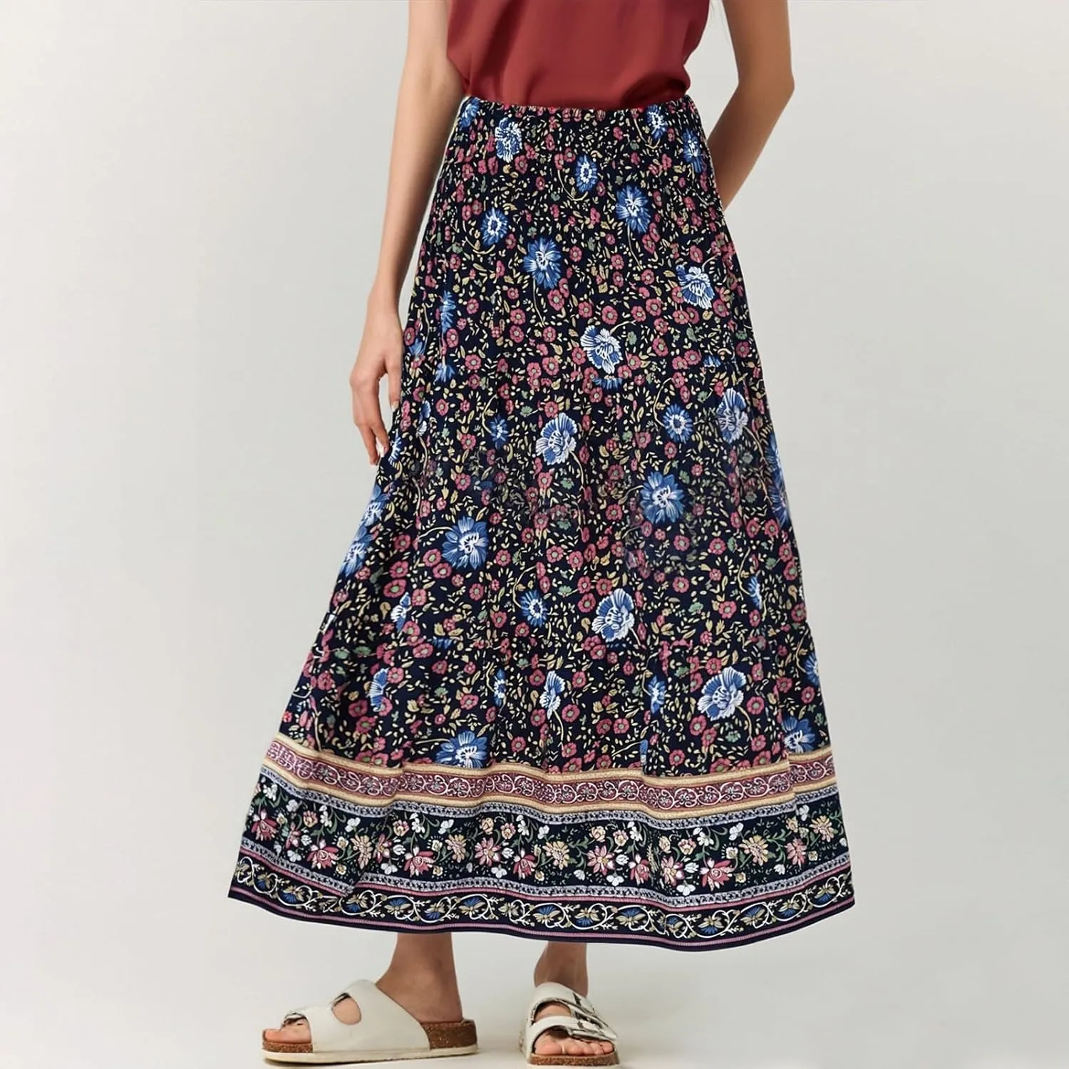 Long Flowy Skirts for Women Floral Boho Maxi Skirt Smocked Elastic High Waisted Skirts Swing A Line Tiered Skirt